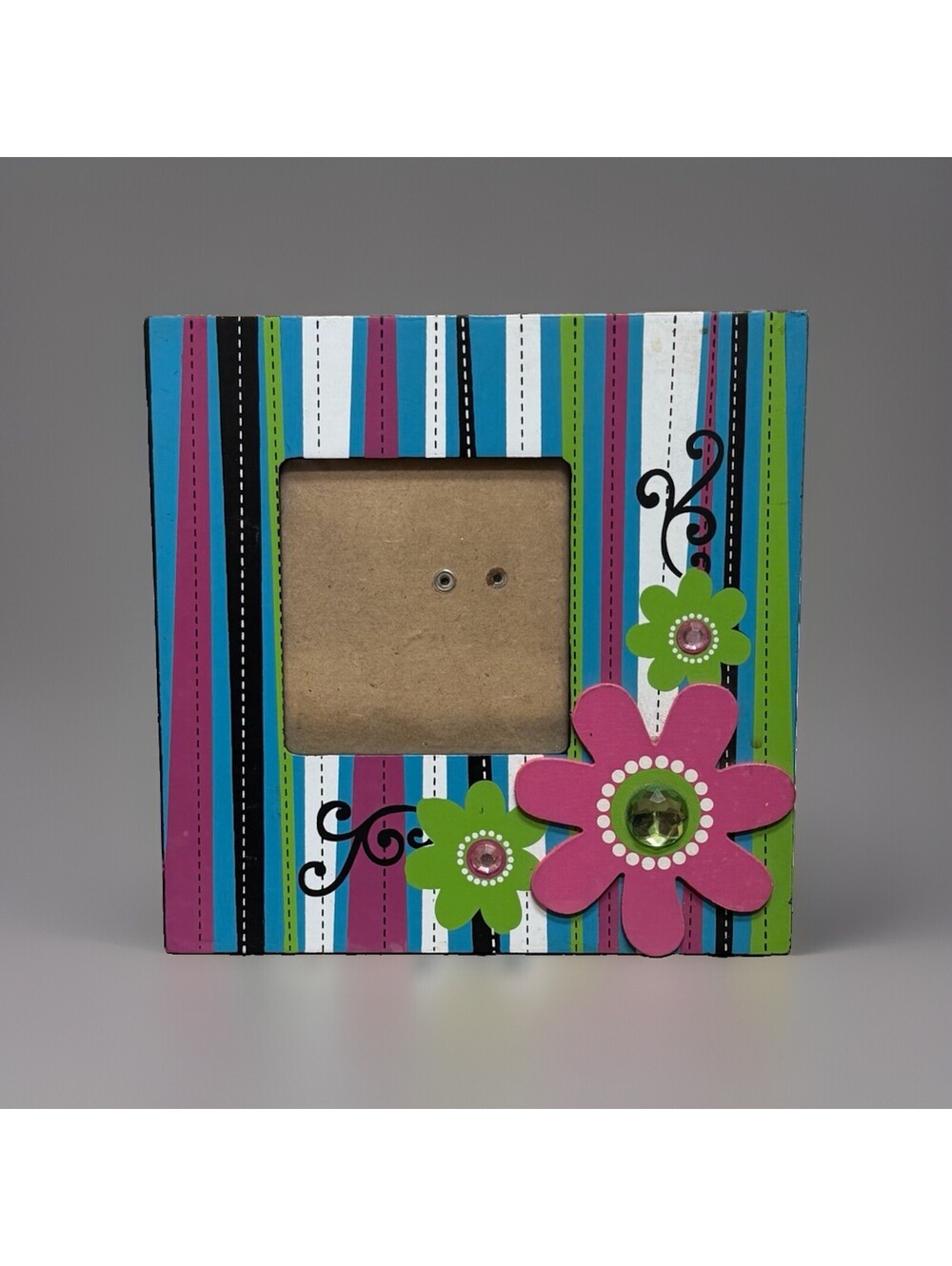 Vibrant Whimsical Striped Wooden Picture Frame with 3D Flower Accents